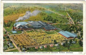 Vintage postcard illustration showing the Bradley Lumber Company mill and factories in Warren, Arkansas, with large stacks of lumber, smoking chimneys, and nearby houses