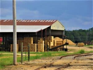 Lumber yard with stacks of cut wooden beams stored under a metal-roofed structure, with piles of sawdust and train tracks in the foreground.